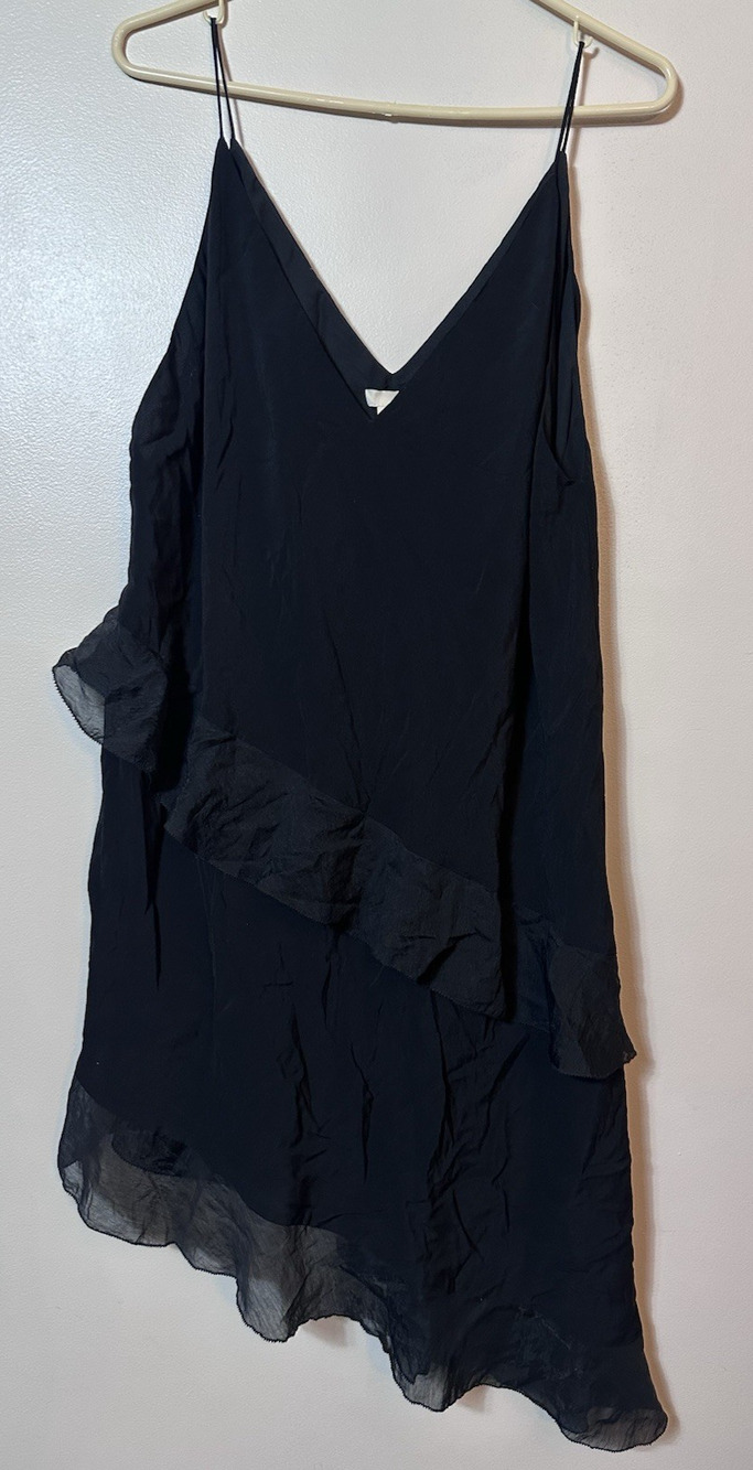 H&M Dress Womens XL Black Asymmetrical Ruffle Trim‎ Slip Spaghetti Flowy NWT